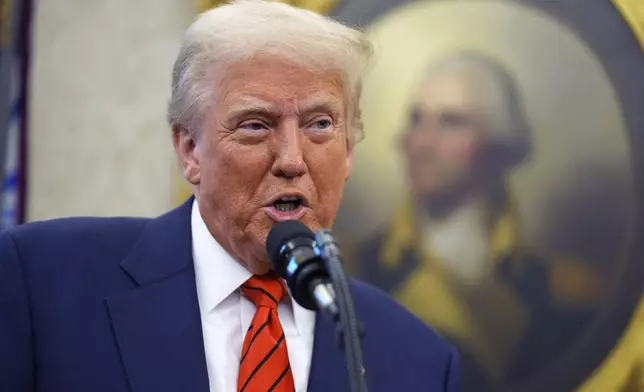 President Donald Trump speaks before Pam Bondi is sworn in as Attorney General by Supreme Court Associate Justice Clarence Thomas, in the Oval Office of the White House, Wednesday, Feb. 5, 2025, in Washington. (AP Photo/Evan Vucci)