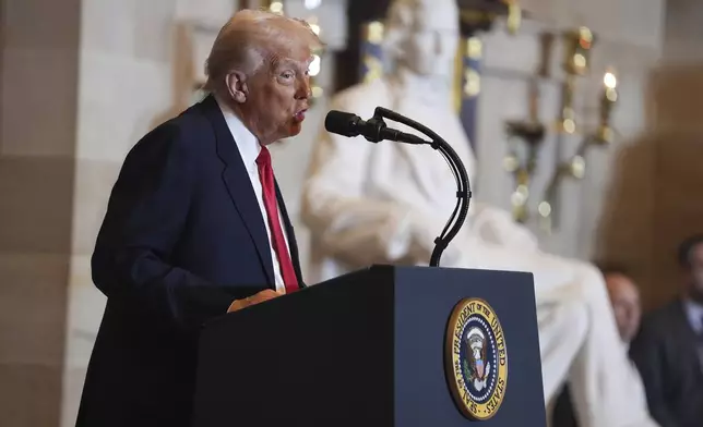 President Donald Trump speaks during the National Prayer Breakfast, at the Capitol in Washington, Thursday, Feb. 6, 2025. (AP Photo/Evan Vucci)
