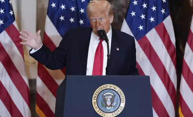 President Donald Trump speaks during the National Prayer Breakfast, at the Capitol in Washington, Thursday, Feb. 6, 2025. (AP Photo/J. Scott Applewhite)