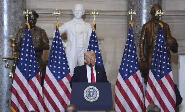President Donald Trump speaks during the National Prayer Breakfast, at the Capitol in Washington, Thursday, Feb. 6, 2025. (AP Photo/Evan Vucci)