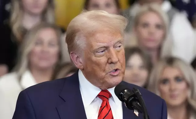 President Donald Trump speaks before signing an executive order barring transgender female athletes from competing in women's or girls' sporting events, in the East Room of the White House, Wednesday, Feb. 5, 2025, in Washington. (AP Photo/Alex Brandon)