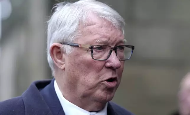 Alex Ferguson arrives at Manchester Cathedral for the funeral of former Manchester United, Manchester City and Scotland forward Denis Law, in Manchester, England, Tuesday, Feb. 11, 2025. (Martin Rickett/PA via AP)