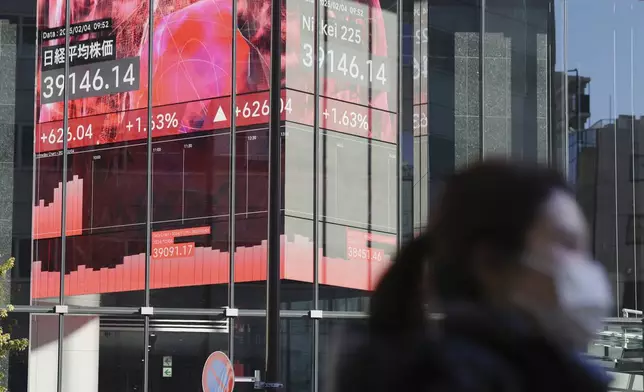 A person walks in front of an electronic stock board showing Japan's Nikkei index at a securities firm Tuesday, Feb. 4, 2025, in Tokyo. (AP Photo/Eugene Hoshiko)