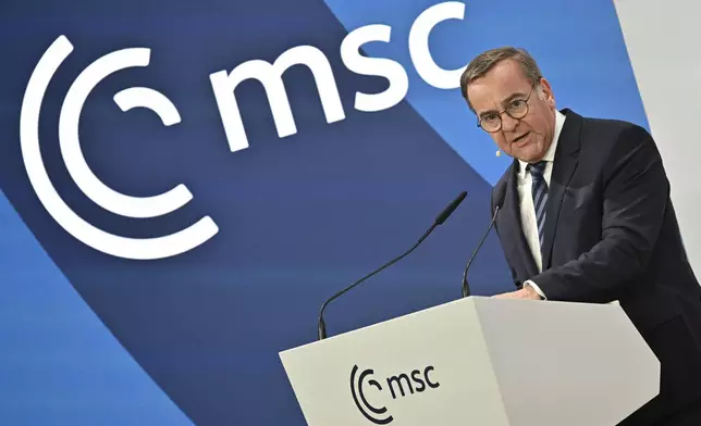 German Minister of Defense Boris Pistorius speaks during the Munich Security Conference, Germany, Friday Feb. 14, 2025. (Peter Kneffel/dpa via AP)