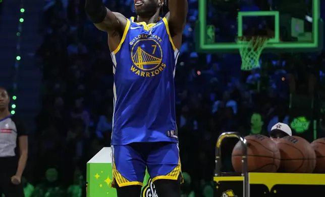 Golden State Warriors guard Buddy Hield shoots during the 3-point contest at the NBA basketball All-Star Saturday night festivities Saturday, Feb. 15, 2025, in San Francisco. (AP Photo/Godofredo A. Vásquez)