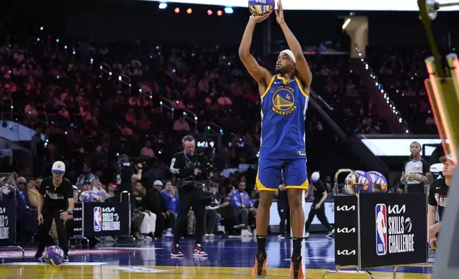 Golden State Warriors guard Moses Moody shoots during the skills challenge at the NBA basketball All-Star Saturday night festivities Saturday, Feb. 15, 2025, in San Francisco. (AP Photo/Godofredo A. Vásquez)