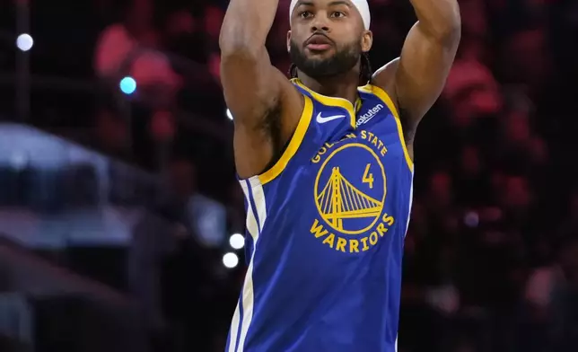 Golden State Warriors guard Moses Moody shoots during the skills challenge at the NBA basketball All-Star Saturday night festivities Saturday, Feb. 15, 2025, in San Francisco. (AP Photo/Godofredo A. Vásquez)