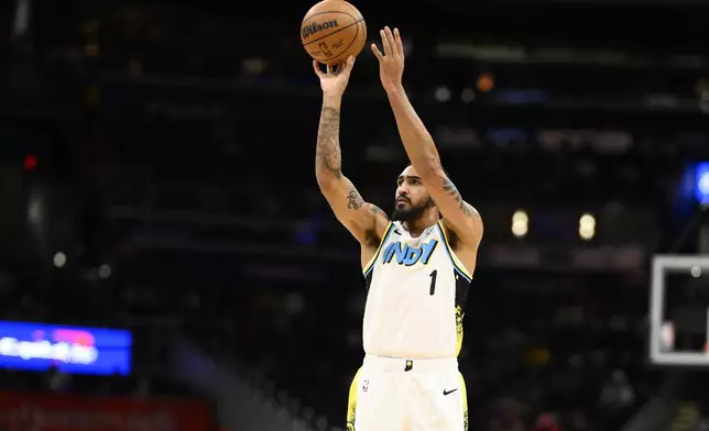 Indiana Pacers forward Obi Toppin shoots during the first half of an NBA basketball game against the Washington Wizards, Wednesday, Feb. 12, 2025, in Washington. (AP Photo/Nick Wass)