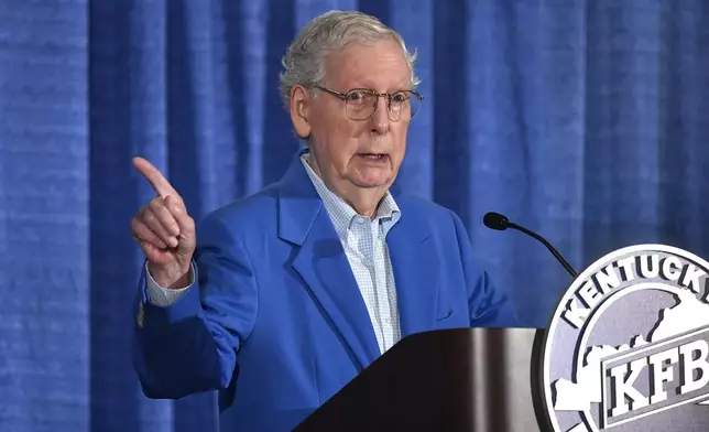 FILE - Senate Minority Leader Mitch McConnell, R-Ky., speaks tat the Kentucky State Fair Ham Breakfast at the Kentucky Exhibition Center in Louisville, Ky., Aug. 22, 2024. (AP Photo/Timothy D. Easley, File)