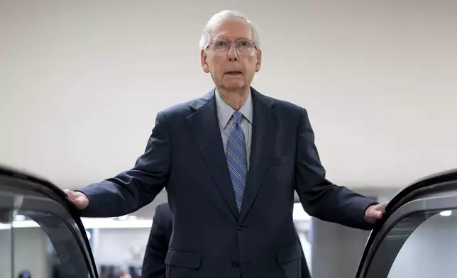 FILE - Senate Minority Leader Mitch McConnell, R-Ky., leaves a closed-door intelligence briefing on the war in Ukraine, at the Capitol in Washington, Sept. 7, 2023. (AP Photo/J. Scott Applewhite, File)