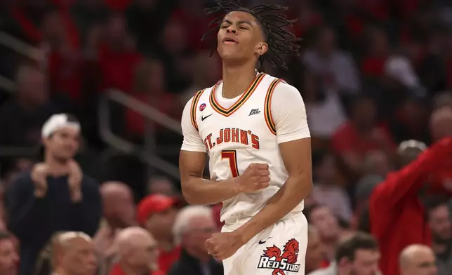 St. John's guard Simeon Wilcher (7) reacts after St. John's gained possession of the ball during the second half of an NCAA college basketball game against Providence Saturday, Feb. 1, 2025, in New York. (AP Photo/Pamela Smith)