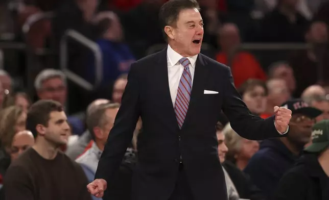 St. John's head coach Rick Pitino yells on the court during the second half of an NCAA college basketball game against Providence Saturday, Feb. 1, 2025, in New York. (AP Photo/Pamela Smith)