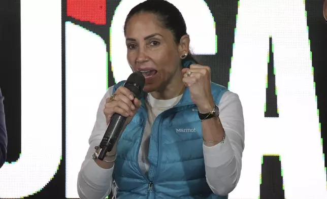 Luisa Gonzalez, presidential candidate for the Citizen Revolution Movement, speaks after polls closed for the presidential election in Quito, Ecuador, Sunday, Feb. 9, 2025. (AP Photo/Carlos Noriega)