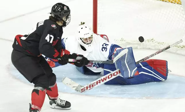 United States goaltender Gwyneth Philips, right, makes a save against Canada's Jamie Lee Rattray, left, during a shootout in a women's Rivalry Series hockey game in Halifax, Nova Scotia, Thursday, Feb. 6, 2025. (Darren Calabrese/The Canadian Press via AP)