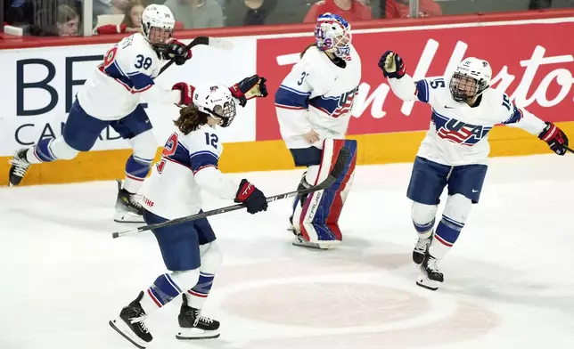 United States players celebrate after a shootout win over Team Canada in a women's Rivalry Series hockey game in Halifax, Nova Scotia, Thursday, Feb. 6, 2025. (Darren Calabrese/The Canadian Press via AP)