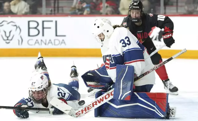 Team USA goaltender Gwyneth Philips, center, makes a save in front of teammate Taylor Heise, left, as Team Canada's Sarah Fillier looks for a rebound during the second period of a women's Rivalry Series hockey game in Halifax, Nova Scotia, Thursday, Feb. 6, 2025. (Darren Calabrese/The Canadian Press via AP)