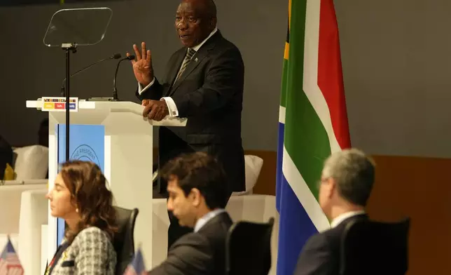 South Africa's President Cyril Ramaphosa speaks at the G20 Finance Ministers and Central Bank Governors meeting in Cape Town, South Africa, Wednesday, Feb. 26, 2025. (AP Photo/Nardus Engelbrecht)
