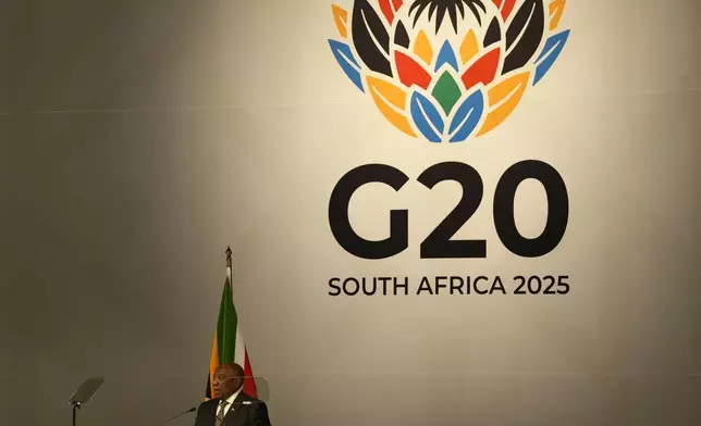 South Africa's President Cyril Ramaphosa addresses delegates at G20 Finance Ministers and Central Bank Governors meeting in Cape Town, South Africa, Wednesday, Feb. 26, 2025. (AP Photo/Nardus Engelbrecht)