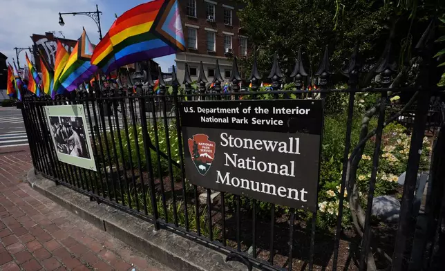 FILE - A National Park Service sign marks the Stonewall National Monument outside the Stonewall Inn, Monday, June 17, 2024, in New York. (AP Photo/Pamela Smith, File)