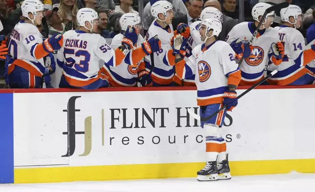 New York Islanders center Kyle Palmieri is congratulated after scoring a goal against the Minnesota Wild during the first period of an NHL hockey game Saturday, Feb. 8, 2025, in St. Paul, Minn. (AP Photo/Bailey Hillesheim)