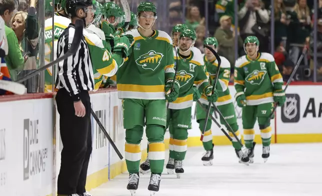 Minnesota Wild left wing Matt Boldy is congratulated after scoring a goal against the New York Islanders during the second period of an NHL hockey game, Saturday, Feb. 8, 2025, in St. Paul, Minn. (AP Photo/Bailey Hillesheim)