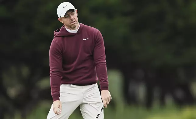 Rory McIlroy of Northern Ireland reacts after missing a putt on the third hole at Pebble Beach Golf Links during the second round of the AT&amp;T Pebble Beach Pro-Am golf tournament, Friday, Jan. 31, 2025, in Pebble Beach, Calif. (AP Photo/Nic Coury)