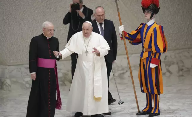 Pope Francis arrives for a Jubilee audience in the Pope Paul VI hall at the Vatican, Saturday, Feb. 1, 2025. (AP Photo/Andrew Medichini)