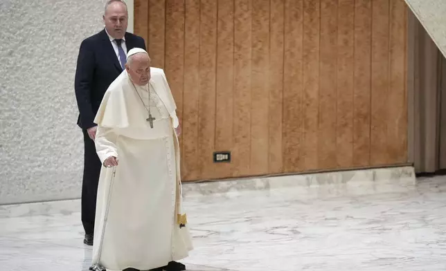 Pope Francis arrives for a Jubilee audience in the Pope Paul VI hall at the Vatican, Saturday, Feb. 1, 2025. (AP Photo/Andrew Medichini)