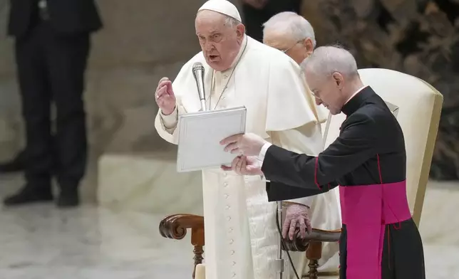 Pope Francis holds a Jubilee audience in the Pope Paul VI hall at the Vatican, Saturday, Feb. 1, 2025. (AP Photo/Andrew Medichini)