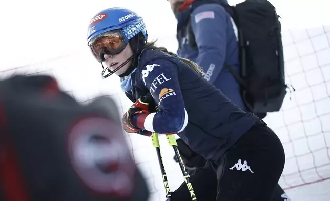 United States' Mikaela Shiffrin ahead of a women's World Cup slalom, in Courchevel, France, Thursday Jan. 30, 2025. (AP Photo/Gabriele Facciotti)
