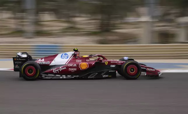 Ferrari driver Lewis Hamilton of Britain in action during a Formula One pre-season test at the Bahrain International Circuit in Sakhir, Bahrain, Thursday, Feb. 27, 2025. (AP Photo/Darko Bandic)
