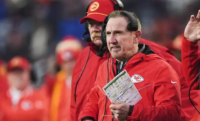 FILE - Kansas City Chiefs defensive coordinator Steve Spagnuolo in the second half of an NFL football game Sunday, Jan. 5, 2025, in Denver. (AP Photo/David Zalubowski, File)