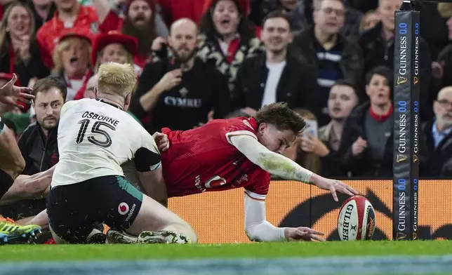 Wales' Ellis Mee falls short of the try line , during the Six Nations rugby match between Wales and Ireland, at the Principality Stadium, in Cardiff, Wales, Saturday, Feb. 22, 2025. (Joe Giddens/PA via AP)