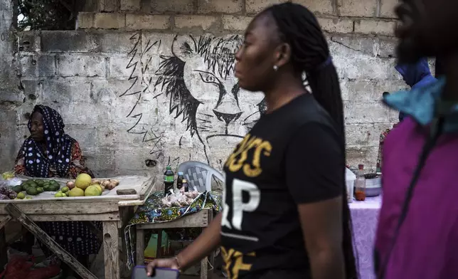 A lion is drawn on the wall of a market in Dakar, Senegal, on Friday, Jan. 17, 2025. (AP Photo/Annika Hammerschlag)