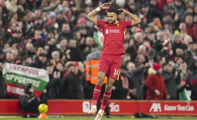 Liverpool's Cody Gakpo celebrates after scoring the opening goal during the English League Cup semifinal second leg soccer match between Liverpool and Tottenham Hotspur at Anfield Stadium in Liverpool, England, Thursday, Feb. 6, 2025. (AP Photo/Jon Super)