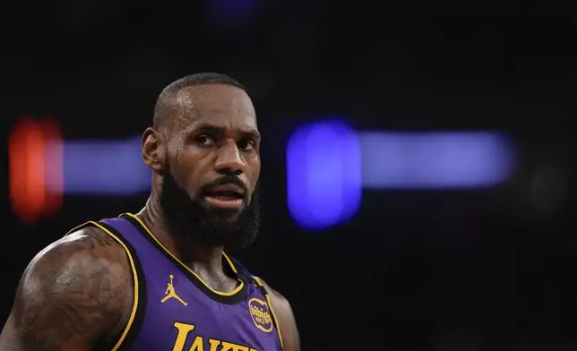 Los Angeles Lakers' LeBron James (23) argues a call during the first half of an NBA basketball game against the New York Knicks Saturday, Feb. 1, 2025, in New York. (AP Photo/Frank Franklin II)