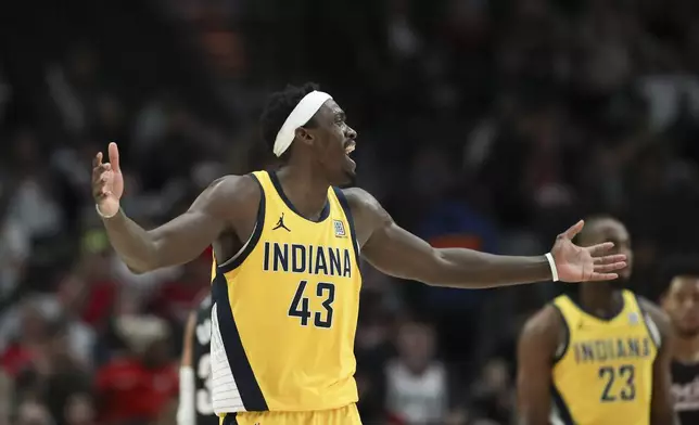 Indiana Pacers forward Pascal Siakam (43) reacts to a call during the first half of an NBA basketball game against the Portland Trail Blazers, Tuesday, Feb. 4, 2025, in Portland, Ore. (AP Photo/Amanda Loman)
