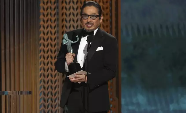 Hiroyuki Sanada accepts the award for outstanding performance by a male actor in a drama series for "Shogun" during the 31st annual Screen Actors Guild Awards on Sunday, Feb. 23, 2025, at the Shrine Auditorium in Los Angeles. (AP Photo/Chris Pizzello)