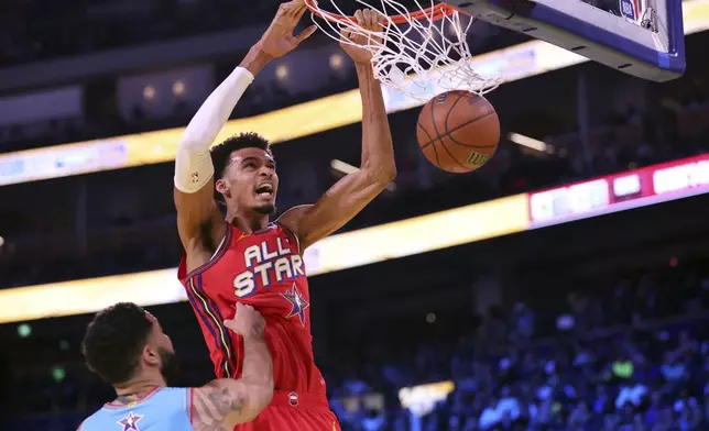 Team Chuck's Victor Wembanyama dunks against Team Shaq's Damian Lillard during the championship game of the 74th NBA All-Star Game in San Francisco, Sunday, Feb. 16, 2025. (Scott Strazzante/San Francisco Chronicle via AP)