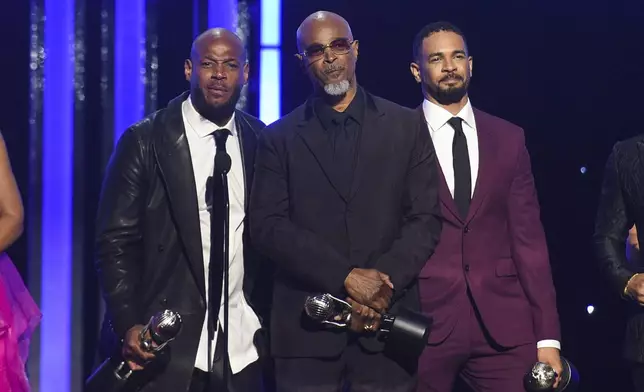 Marlon Wayans, from left, Damon Wayans Sr., and Damon Wayans Jr. accept the NAACP hall of fame award during the 56th NAACP Image Awards on Saturday, Feb. 22, 2025, in Pasadena, Calif. (Photo by Richard Shotwell/Invision/AP)