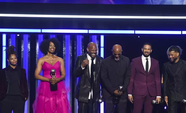 Chaunté Wayans, from left, Kim Wayans, Marlon Wayans, Damon Wayans Sr., Damon Wayans Jr., and Damien Dante Wayans are given the NAACP Hall of Fame award during the 56th NAACP Image Awards on Saturday, Feb. 22, 2025, in Pasadena, Calif. (Photo by Richard Shotwell/Invision/AP)