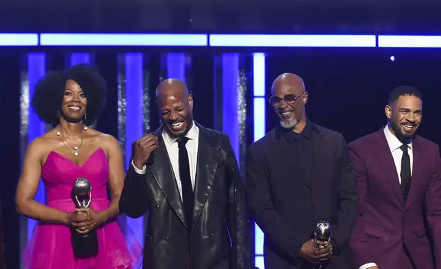 Kim Wayans, from left, Marlon Wayans, Damon Wayans Sr., and Damon Wayans Jr accept the NAACP hall of fame award during the 56th NAACP Image Awards on Saturday, Feb. 22, 2025, in Pasadena, Calif. (Photo by Richard Shotwell/Invision/AP)