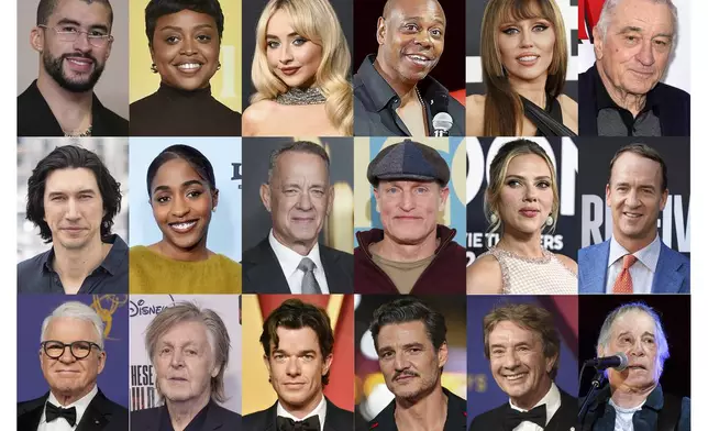 This combination of photos shows, top row from left, Bad Bunny, Quinta Brunson, Sabrina Carpenter, Dave Chappelle, Miley Cyrus, Robert De Niro, second row from left, Adam Driver, Ayo Edebiri, Tom Hanks, Woody Harrelson, Scarlett Johansson, Peyton Manning, and bottom row from left, Steve Martin, Paul McCartney, John Mulaney, Pedro Pascal, Martin Short and Paul Simon. (AP Photo)