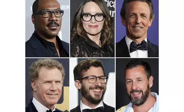 This combination of photos shows, top row from left, Eddie Murphy, Tina Fey, Seth Meyers, bottom row from left, Will Ferrell, Andy Samberg, and Adam Sandler. (AP Photo)