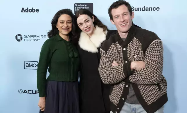 Alia Shawkat, from left, Hailey Gates and Callum Turner attend the premiere of "Atropia" during the Sundance Film Festival on Saturday, Jan. 25, 2025, at the Eccles Theatre in Park City, Utah. (Photo by Charles Sykes/Invision/AP)f