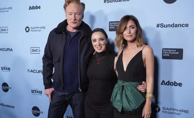 Conan O'Brien, from left, Mary Bronstein, and Rose Byrne attend the premiere of "If I Had Legs I'd Kick You" during the Sundance Film Festival on Friday, Jan. 24, 2025, at Library Theatre in Park City, Utah. (AP Photo/Chris Pizzello)