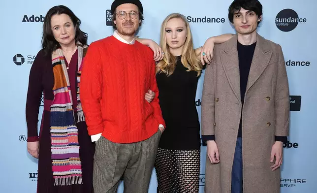 Emily Watson, from left, Isaiah Saxon, Helena Zengel and Finn Wolfhard attend the premiere of "The Legend of Ochi" during the Sundance Film Festival on Sunday, Jan. 26, 2025, at the Library Center Theatre in Park City, Utah. (Photo by Charles Sykes/Invision/AP)