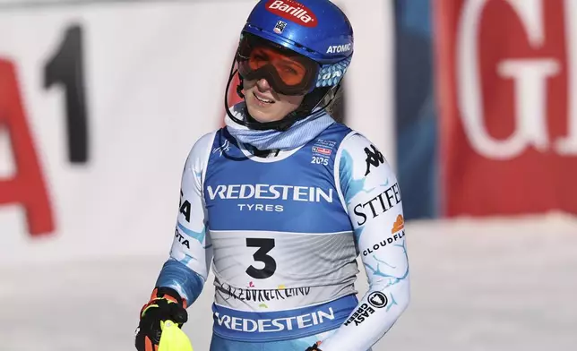United States' Mikaela Shiffrin checks her time at the finish area of a women's slalom, at the Alpine Ski World Championships, in Saalbach-Hinterglemm, Austria, Saturday, Feb. 15, 2025. (AP Photo/Marco Trovati)
