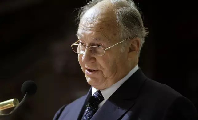 FILE - The Aga Khan addresses an audience about the challenges to a pluralistic society Thursday, Nov. 12, 2015, at the Memorial Church on the campus of Harvard University, in Cambridge, Mass. (AP Photo/Steven Senne, File)