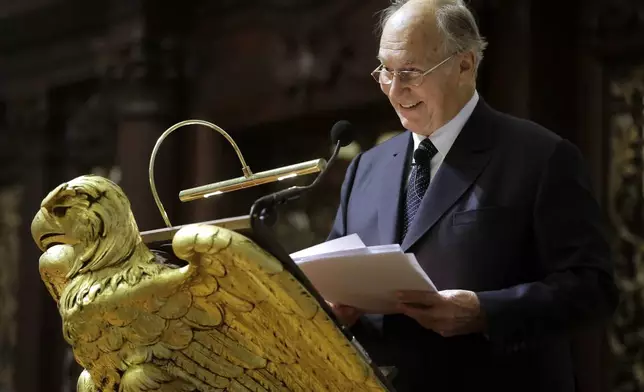 FILE - The Aga Khan, spiritual leader to millions of Muslim, addresses an audience, Thursday, Nov. 12, 2015, at the Memorial Church on the campus of Harvard University in Cambridge, Mass. (AP Photo/Steven Senne, File)